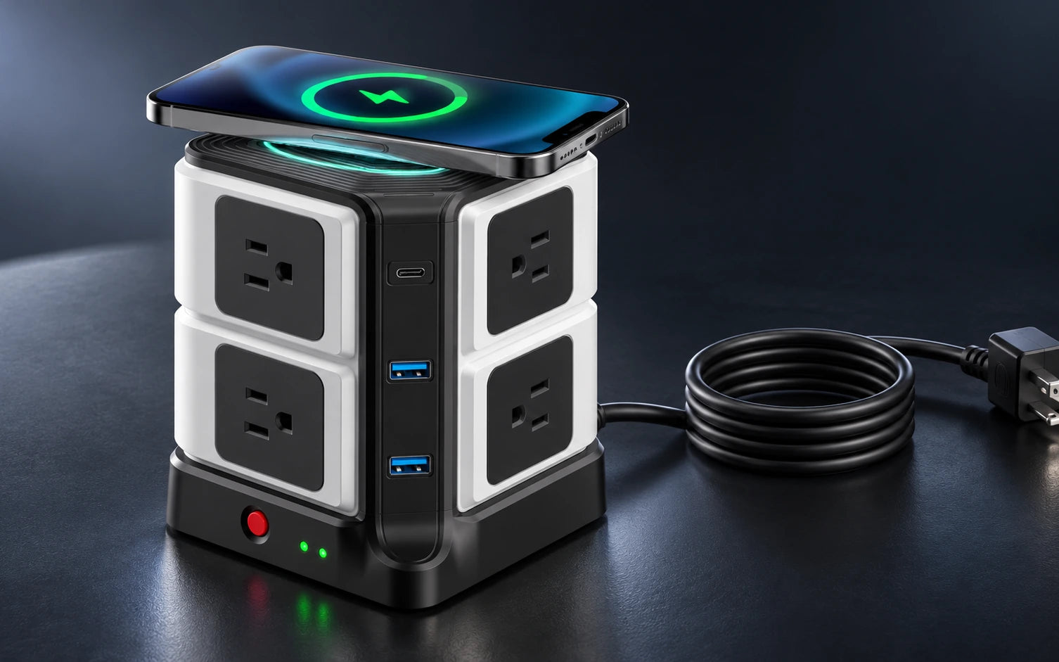 BESTEK Wireless Charger Desktop Power Strip with 8 Outlets and 3 USB Ports detail overview