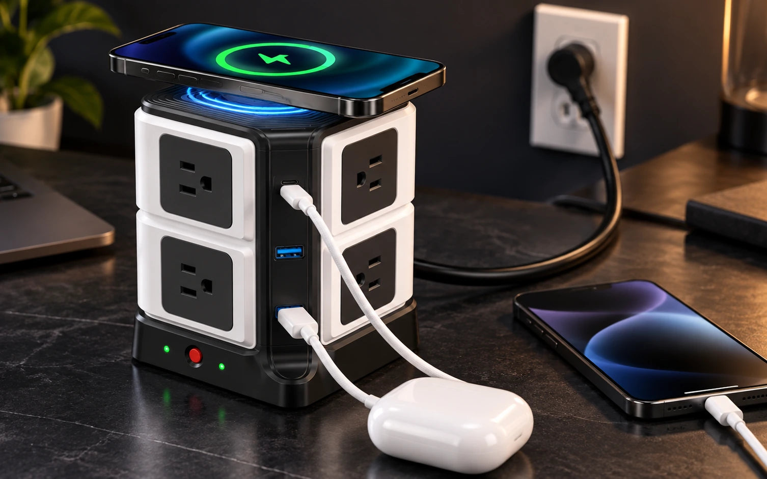 BESTEK Wireless Charger Desktop Power Strip with 8 Outlets and 3 USB Ports construction and protection detail