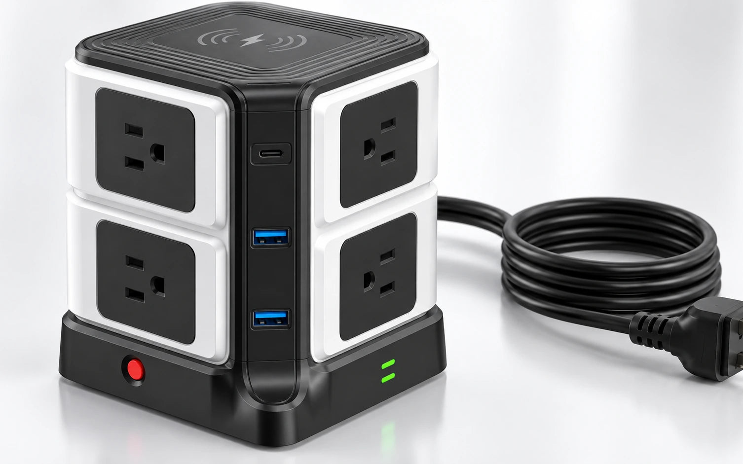BESTEK Wireless Charger Desktop Power Strip with 8 Outlets and 3 USB Ports in a product-specific use setting