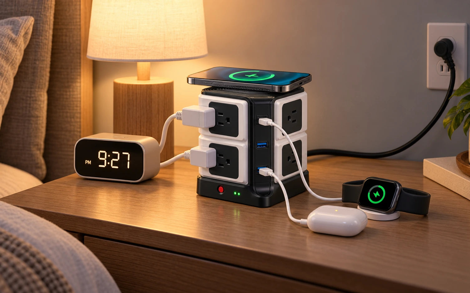 BESTEK Wireless Charger Desktop Power Strip with 8 Outlets and 3 USB Ports in a second product-specific use setting