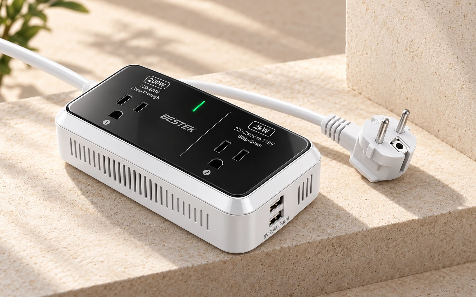 BESTEK 2000W Travel Voltage Converter with 2 USB Ports, White detail overview