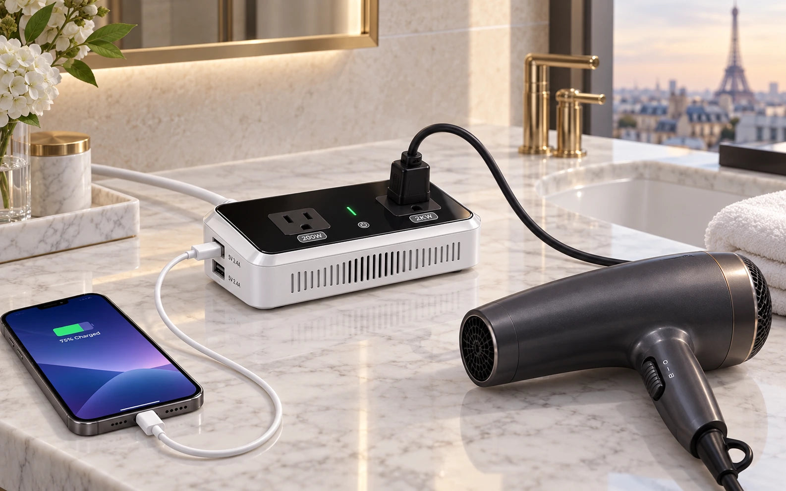 BESTEK 2000W Travel Voltage Converter with 2 USB Ports, White in a product-specific use setting