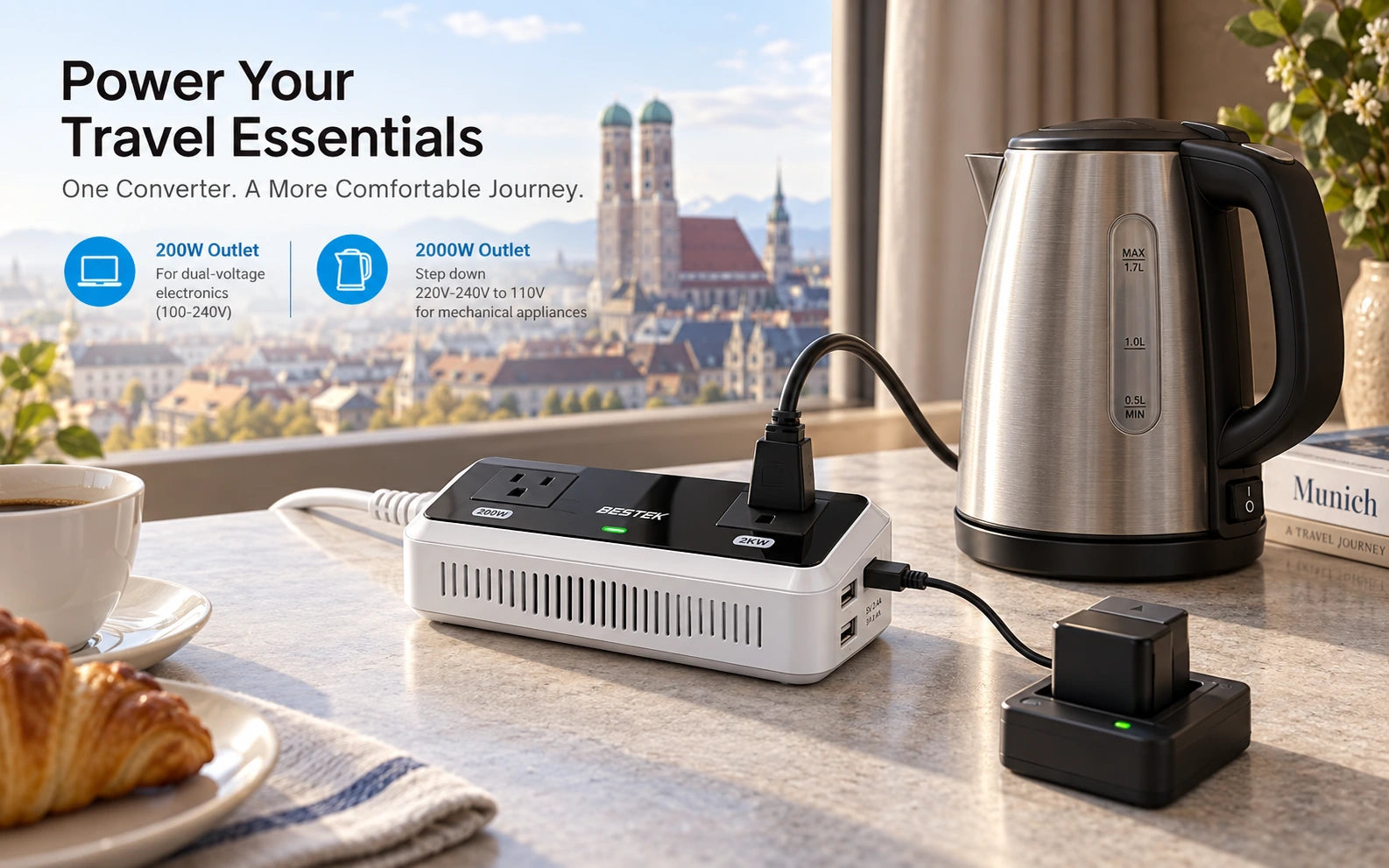 BESTEK 2000W Travel Voltage Converter with 2 USB Ports, White in a third product-specific use setting