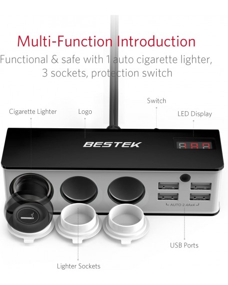 BESTEK 3-Socket 200W Cigarette Lighter Gray
