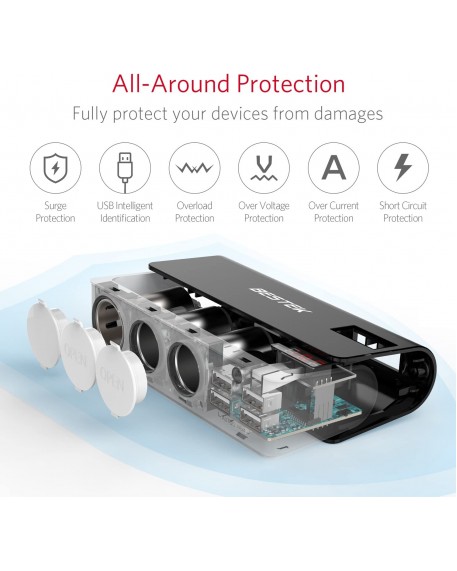 BESTEK 3-Socket 200W Cigarette Lighter Gray