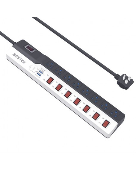 BESTEK Power Strip Surge Protector USB Multi Plug Outlet  8-Outlet-12ft ETL 