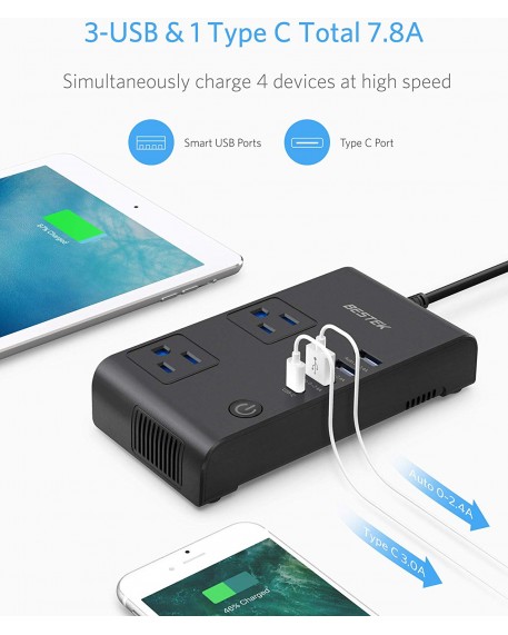 BESTEK 200W Power Inverter with Total 7.8A 4 USB