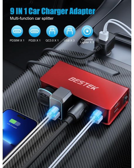 BESTEK 148W Cigarette Lighter Splitter 9 in 1 Cigarette Lighter Adapter with 3-Socket PD 30W and QC3.0 18W Charging Ports LED Display Super Fast Charger for Dash Cam, GPS, iPad/Laptop/Phone（Red）