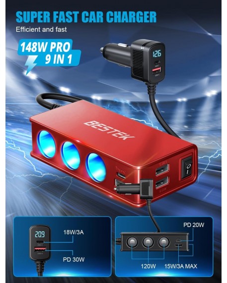 BESTEK 148W Cigarette Lighter Splitter 9 in 1 Cigarette Lighter Adapter with 3-Socket PD 30W and QC3.0 18W Charging Ports LED Display Super Fast Charger for Dash Cam, GPS, iPad/Laptop/Phone（Red）