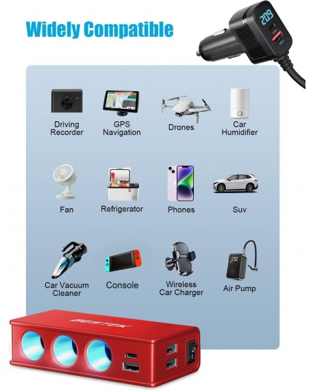 BESTEK 148W Cigarette Lighter Splitter 9 in 1 Cigarette Lighter Adapter with 3-Socket PD 30W and QC3.0 18W Charging Ports LED Display Super Fast Charger for Dash Cam, GPS, iPad/Laptop/Phone（Red）