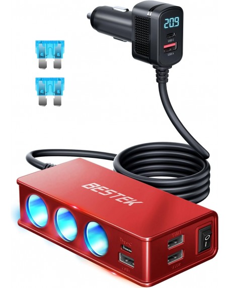 BESTEK 148W Cigarette Lighter Splitter 9 in 1 Cigarette Lighter Adapter with 3-Socket PD 30W and QC3.0 18W Charging Ports LED Display Super Fast Charger for Dash Cam, GPS, iPad/Laptop/Phone（Red）