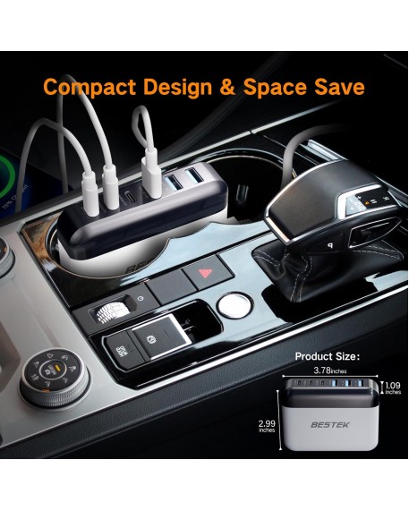 BESTEK Multi Ports USB Car Charger, Fast Charge 125W 14A Quick Charge 3.0 & USB-C PD Car Charger Adapter with Smart Identification for Cell Phones, Tablets and Other USB Devices