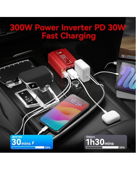 BESTEK 300W Car Power Inverter - DC 12V to 110V AC Car Plug Adapter with 30W USB-C & 18W USB-A Dual AC Outlet, Fast Car Charger Adapter for Laptop, Vehicles, Road Trip Essentials