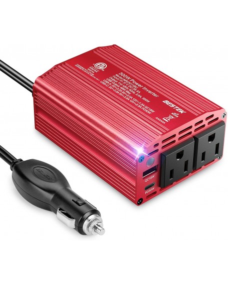 BESTEK 300W Car Power Inverter - DC 12V to 110V AC Car Plug Adapter with 30W USB-C & 18W USB-A Dual AC Outlet, Fast Car Charger Adapter for Laptop, Vehicles, Road Trip Essentials