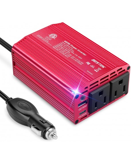 Bestek 400W Car Power Inverter for Vehicles – DC 12v to AC 110v Car Plug Adapter Outlet with PD 30W USB-C &USB-A 3.0 Fast Charging