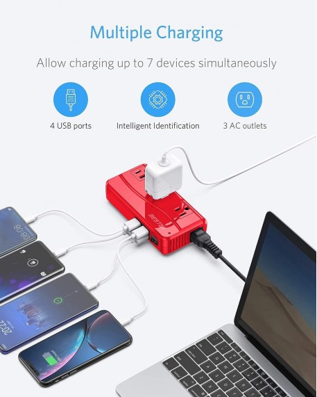 BESTEK International Power Adapter 250W, 220V to 110V Step Down Travel Voltage Converter with 4-Port USB Including US/AU/EU/UK//India/South Africa Plug Adapter (Red)