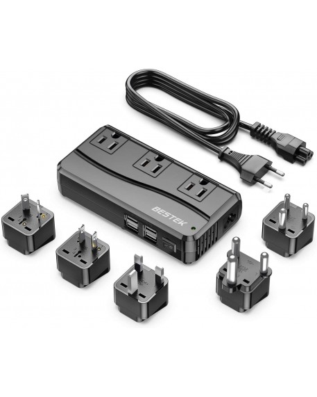 BESTEK 250W Power Converter 3-Outlet and 4-Port USB Travel Voltage Transformer 220V to 110V with Type G/D/M/AU/US Travel Plug Adapters