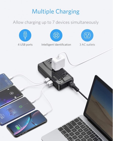 BESTEK 250W Power Converter 3-Outlet and 4-Port USB Travel Voltage Transformer 220V to 110V with Type G/D/M/AU/US Travel Plug Adapters
