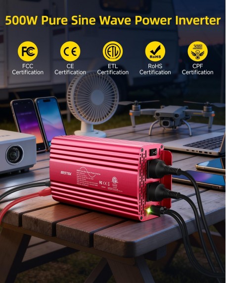 Bestek 500W Pure Sine Wave Power Inverter with PD30W & QC18W, Inverter DC 12V to AC 110V for Solar, RV, Truck, Outdoor Power Inverter with Dual AC to Camping, Road Trips