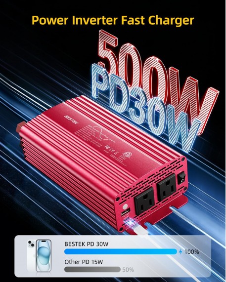 Bestek 500W Pure Sine Wave Power Inverter with PD30W & QC18W, Inverter DC 12V to AC 110V for Solar, RV, Truck, Outdoor Power Inverter with Dual AC to Camping, Road Trips
