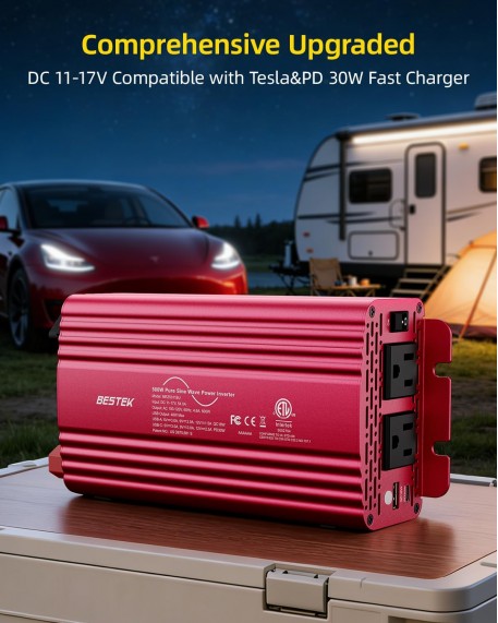 Bestek 500W Pure Sine Wave Power Inverter with PD30W & QC18W, Inverter DC 12V to AC 110V for Solar, RV, Truck, Outdoor Power Inverter with Dual AC to Camping, Road Trips