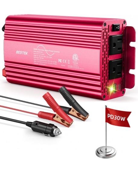 Bestek 500W Pure Sine Wave Power Inverter with PD30W & QC18W, Inverter DC 12V to AC 110V for Solar, RV, Truck, Outdoor Power Inverter with Dual AC to Camping, Road Trips