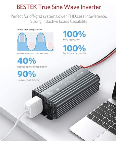 BESTEK 500W Pure Sine Wave Power Inverter DC 12V to AC 110V Grey