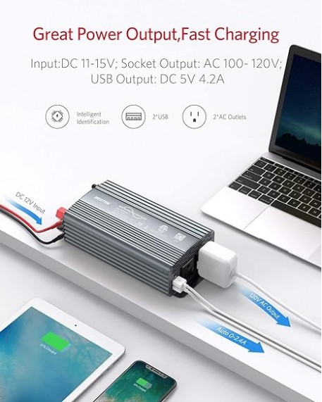 BESTEK 500W Pure Sine Wave Power Inverter DC 12V to AC 110V Grey