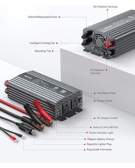 BESTEK 500W Pure Sine Wave Power Inverter DC 12V to AC 110V Grey