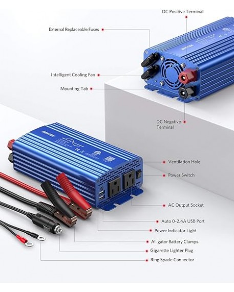 BESTEK 500W Pure Sine Wave Power Inverter DC 12V to AC 110V Blue