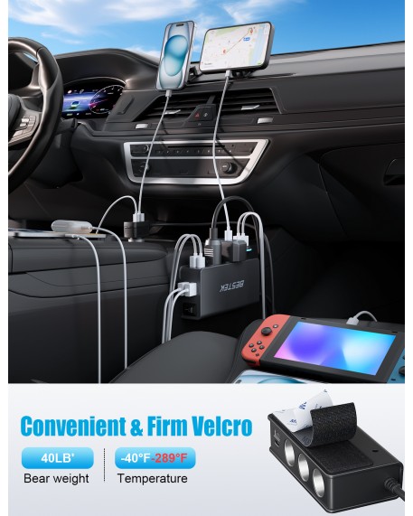 BESTEK Cigarette Lighter Splitter Adapter: 9 in 1 Car Charger 148W 3-Socket  PD 30W and QC3.0 18W Charging Ports LED Display Super Fast Charger for 12V /24V