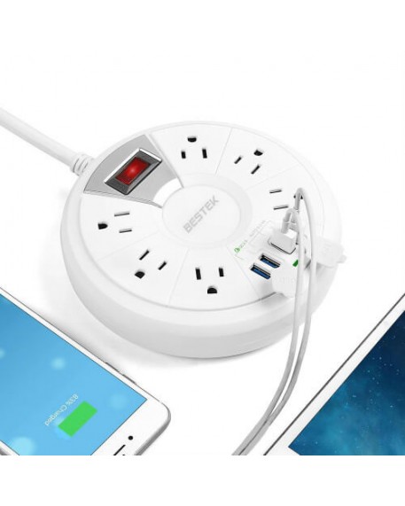 Upgraded Power Strip BESTEK Round Surge Protector with 6-Outlet 15A 125V 4 USB 
