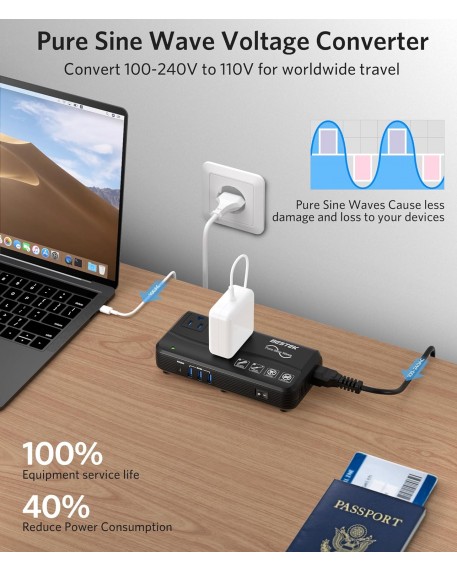 BESTEK 200W Pure Sine Wave Travel Adapter Voltage Converter 