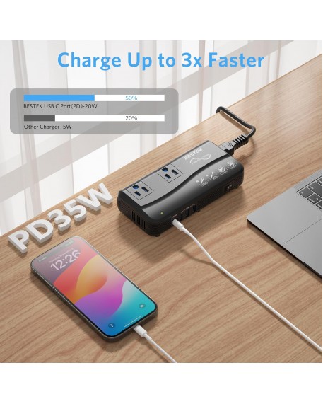 BESTEK 200W Pure Sine Wave Travel Adapter Voltage Converter 