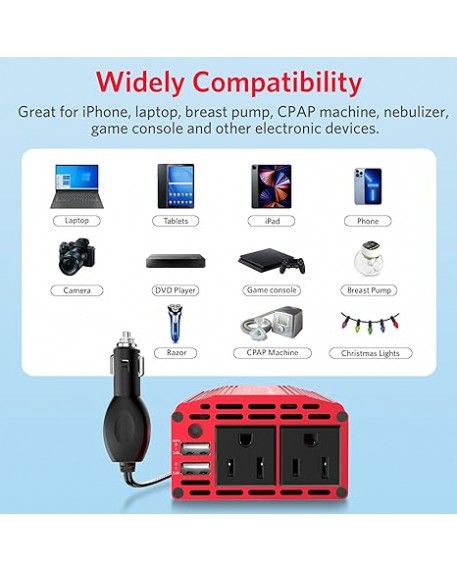 BESTEK 300W Car Power Inverter 12V DC to 110V with 4.8A Dual USB Ports and 2 AC Outlets