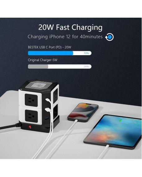 BESTEK Power Strip with PD 20W USB C, Wireless Charger, 8 AC Outlets, 3 USB Ports, Surge Protector