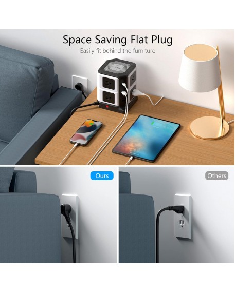 BESTEK Power Strip with PD 20W USB C, Wireless Charger, 8 AC Outlets, 3 USB Ports, Surge Protector