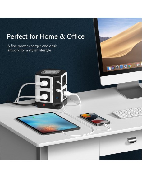 BESTEK Power Strip with PD 20W USB C, Wireless Charger, 8 AC Outlets, 3 USB Ports, Surge Protector