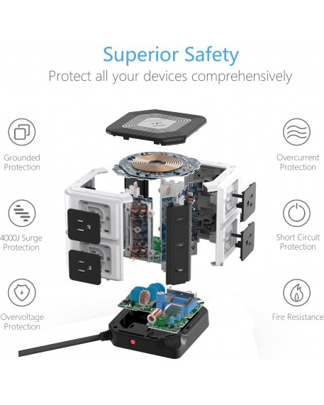 BESTEK Power Strip with PD 20W USB C, Wireless Charger, 8 AC Outlets, 3 USB Ports, Surge Protector