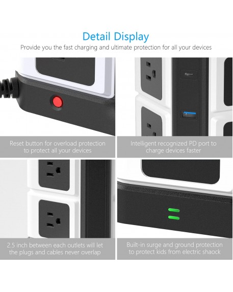 BESTEK Power Strip with PD 20W USB C, Wireless Charger, 8 AC Outlets, 3 USB Ports, Surge Protector